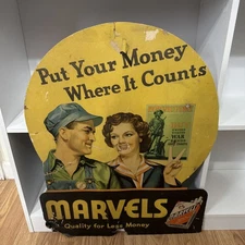 Marvels Cigarettes Man Overalls Cardboard Sign Significant Wear