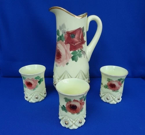 UG Uranium Custard Glass Lg Tankard Water Pitcher Set w/ 3 Tumblers - Jefferson
