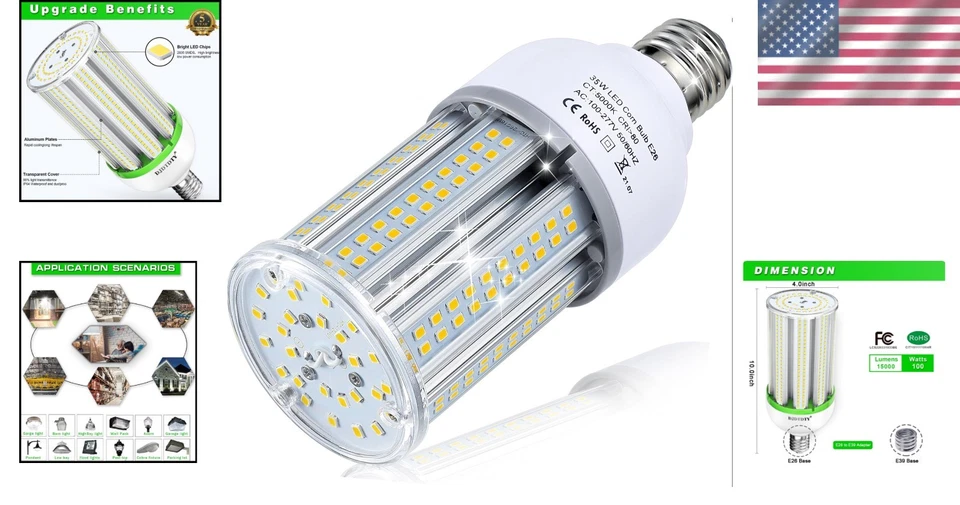 Long Lasting 100 Watt LED Corn Bulbs - 2-Pack E26/E39 Base for Versatile Use - Image 2 of 4