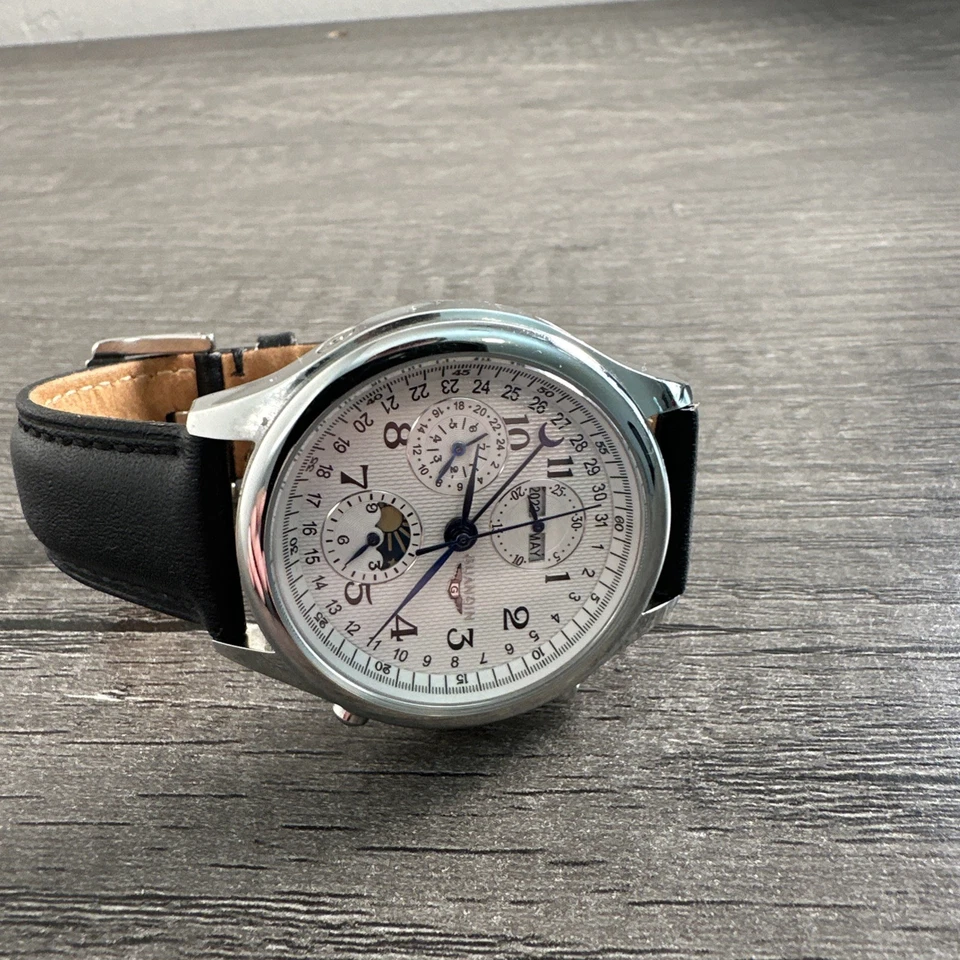 Reloj Automático Guanqin Tono Plateado Acento Azul Correa Cuero Negro 40 MM Foto 4 de 4