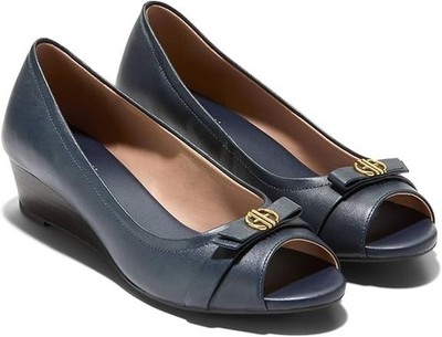 Cole Haan W31651 Size 7 Women's Malta Peep Toe Wedge Pump, Navy