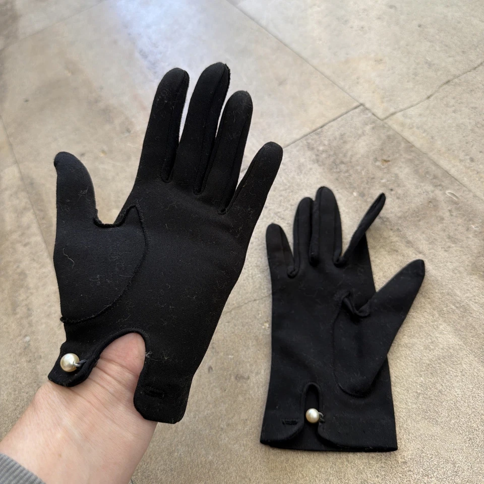 Guantes de mujer vintage negros hasta la muñeca cierre de perlas talla 6 Foto 2 de 4