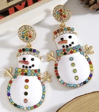 Gold Tone Multicolor Crystal Rhinestone Snowman Earrings NWOT