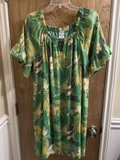 Naif Anthropologie Dress Green Tropical Leaves Short Bell Sleeve Off-Shoulder L