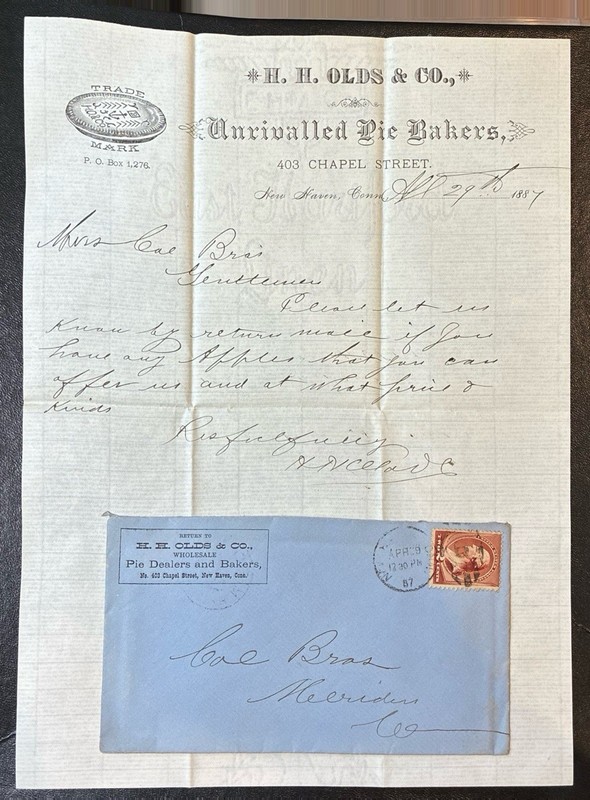 NEW HAVEN, CT ~ H. H. OLDS & CO., Pie Bakers ~ Illus. Letterhead & Ad Cover 1887