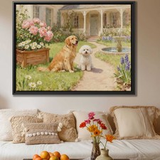 Golden Retriever Floral Oil Painting Garden Decor Dog Canvas Wall Art Print