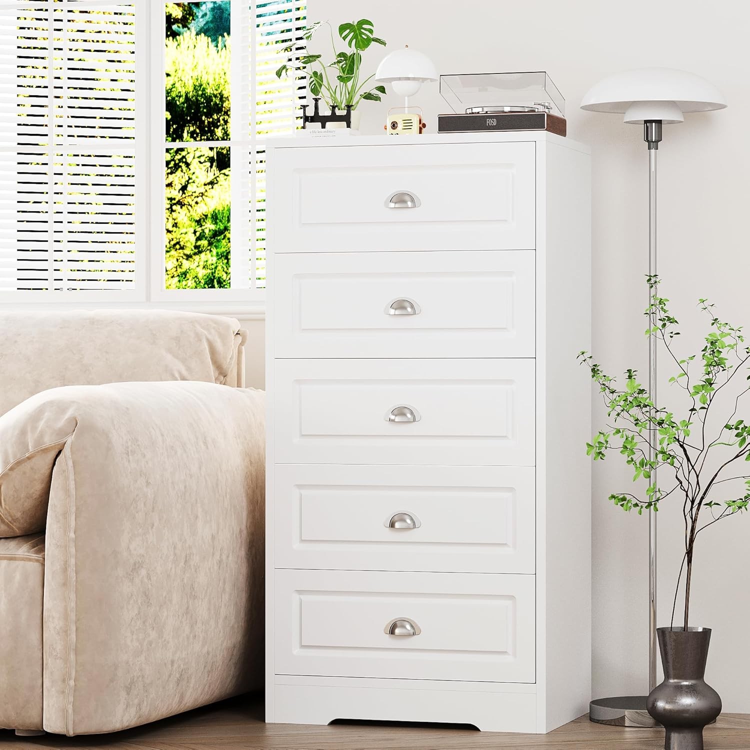 White 5-Drawer Wood Dresser for Bedroom Storage-image