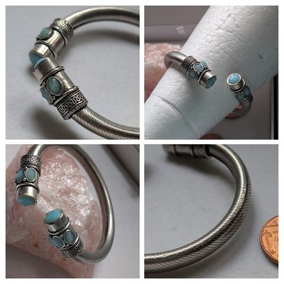 Vintage Deutsch Silber Blau Stein Enden Verziertes Design Twist Armreif Unisex Einfache Passform