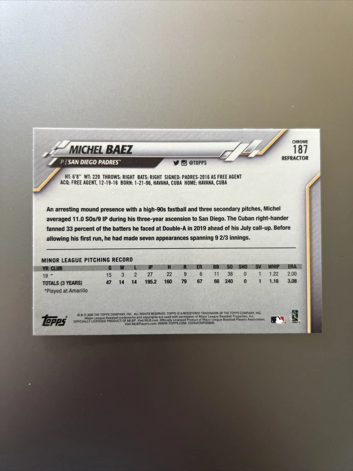 MICHAEL BAEZ  PADRES RC  2020 TOPPS CHROME REFRACTOR #187  SEPIA - Image 2 of 2