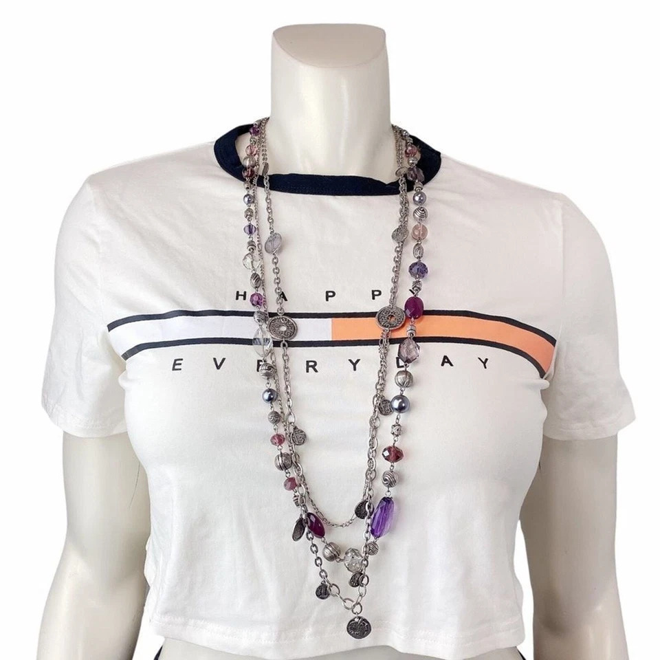 Premier Designs Silver Tone Layered Necklace with Purple Beads
