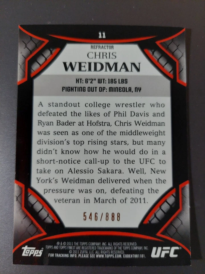 Chris Weidman #11 Debut 2011 Topps UFC Finest Refractor #546/888 - Image 2 of 2