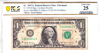 2017-A $1 FRN PCGS VF 25 Fancy TRUE 0/1 BINARY Serial #D01000011D
