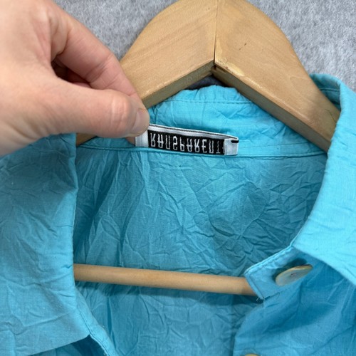 Transparente Womens One Size Crinkle Turquoise Aqua Blue Button-Up Shirt Collar - Picture 3 of 15