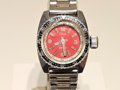 VINTAGE RARE 22mm RED DIAL DIVER STYLE LADIES FRANCE WATCH''CERNOS''WITH SUBMARINE