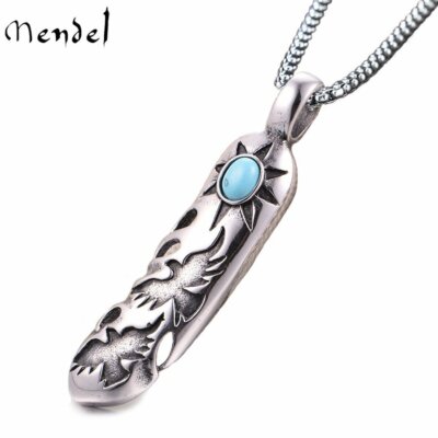 MENDEL Stainless Steel Tribal Thunderbird Feather Sun Turquoise Pendant Necklace