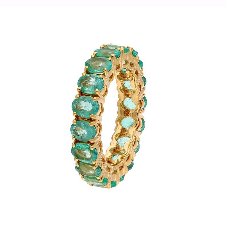 14k Yellow Gold Natural Emerald Eternity Band Women Wedding Ring eBay