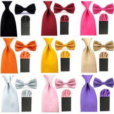 Men's Solid Satin Bow Tie 8CM Necktie With Handkerchief Pocket Square Set SET052