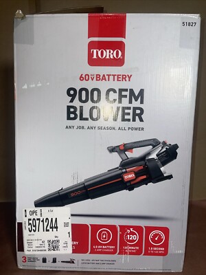 TORO 900 CFM Blower 60v Battery  51827 4.0 AH Battery 120 Minute Run Time