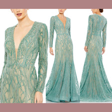 NWT Mac Duggal [ 8 ] 79291 Beaded Lace Long Sleeve Plunge Neck Gown Sage #J1964