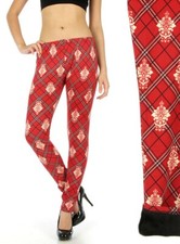 Women's Fleece Lined Leggings Damask Plaid Print Winter Thick Warm RED
