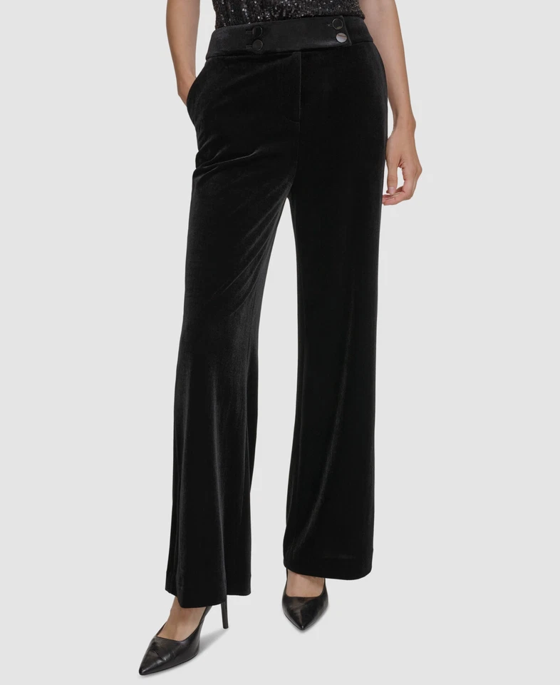 Calvin Klein Women Black High-Rise Velvet Wide-Leg Pants Petite Size 10P