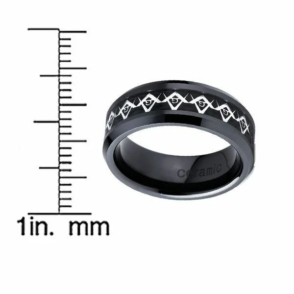 Anillo de boda con incrustación de fibra de carbono símbolo masónico de cerámica de 8 mm para hombre Foto 4 de 4
