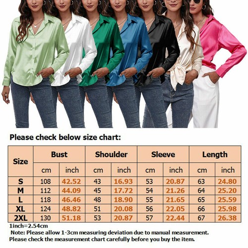 Damen Langarm Satin Seide Revers Hemden Büro Knopf Bluse Tops Mode - Bild 3 von 16