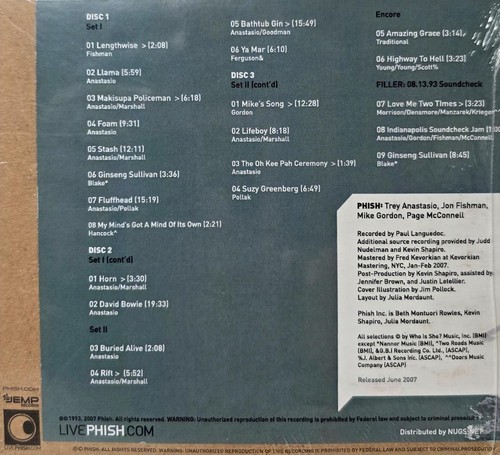 PHISH LIVE DOWNLOADS 8/13/93 MURAT THEATRE INDIANAPOLIS SEALED 3 CD MUSIC CD - Imagen 2 de 2