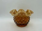 New ListingFenton Amber Hobnail Art Glass Ruffled Rose Bowl Vase Crimped Rim 3” Vintage