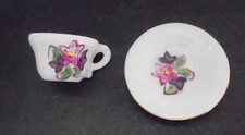 Vintage White Floral Teacup Saucer Gold Trim Miniature Doll Size