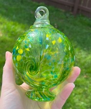 Hand Blown Art Glass Paperweight Orb Green Swirl Confetti Pedestal Vintage Style