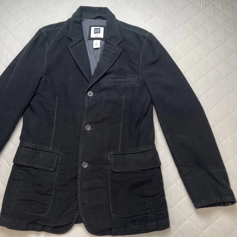 Casaco esportivo vintage GAP blazer masculino pequeno preto algodão 3 botões bolsos remendo anos 00 - Imagem 2 de 4
