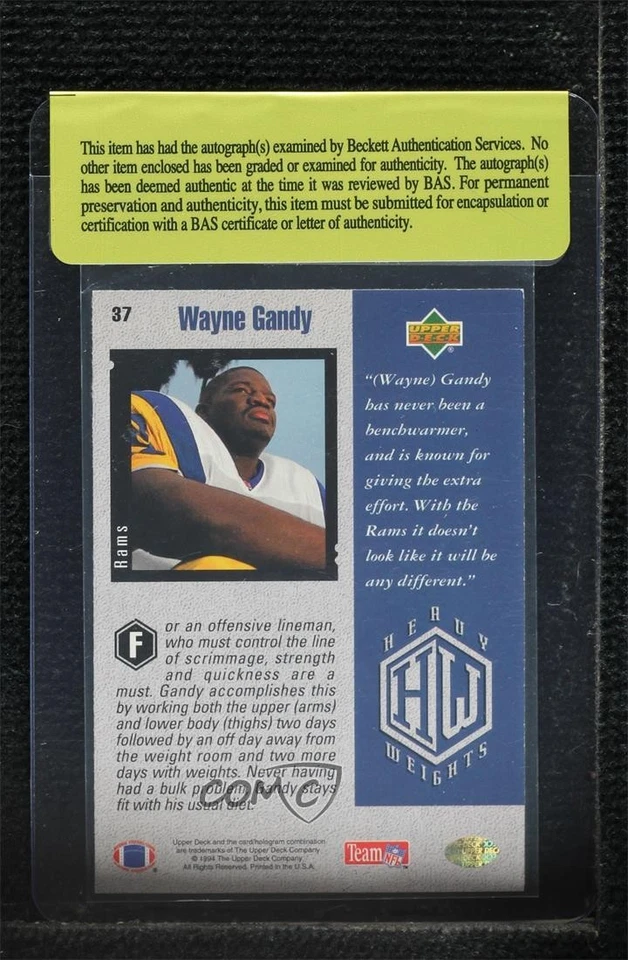 BAS 1994 Upper Deck Heavy Weights Wayne Gandy #37 Authentic Auto Rookie RC - Image 2 of 2