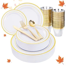 150Pcs Gold Plastic Plates, White Gold Plastic Dinnerware Set Perfect Party, ...