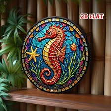 20cm Round Aluminum Seahorse Wall Art for Home or Garden -  Indoor / Outdoors