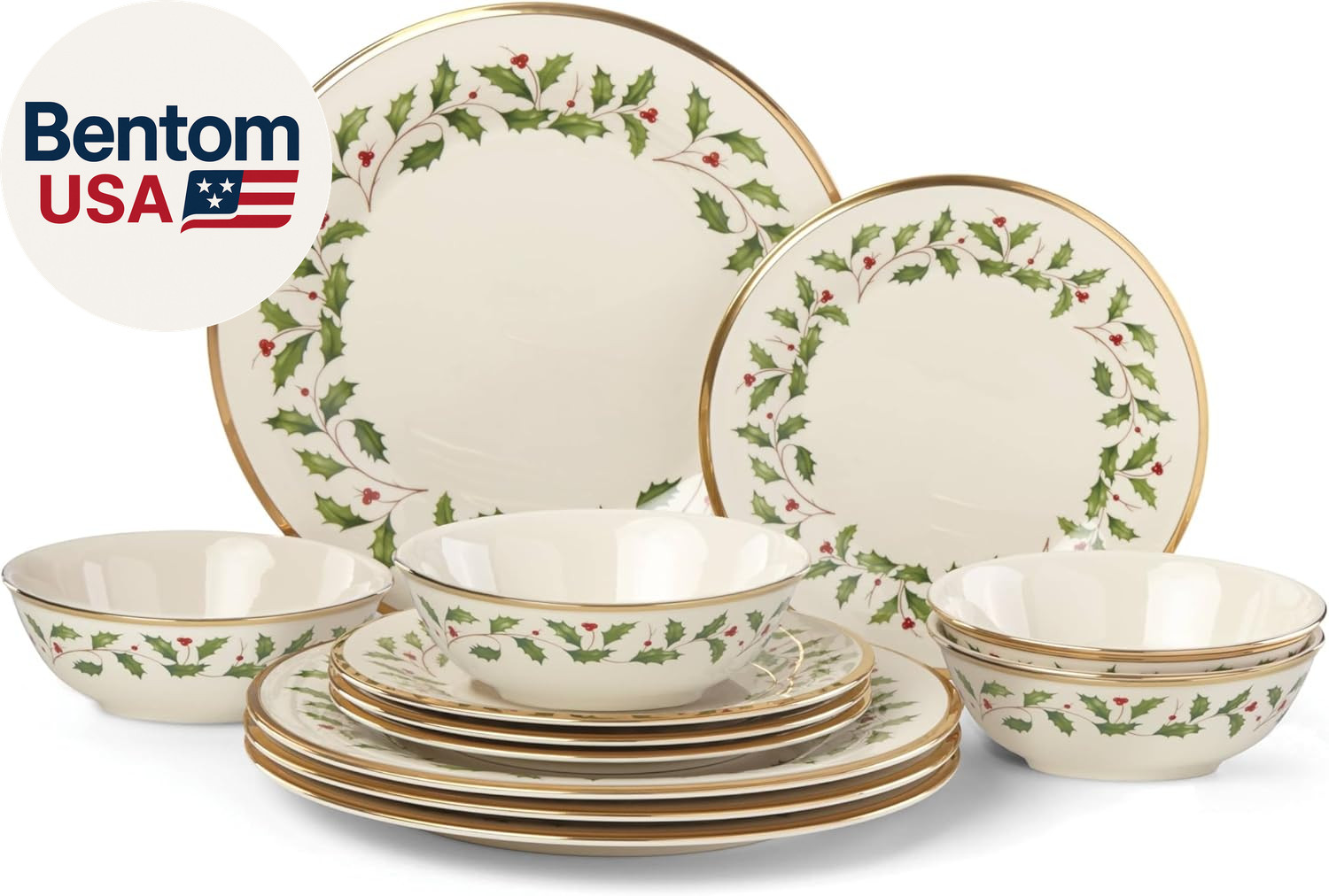 893172 Holiday 12-Piece Plate and Bowl Set, Christmas Dinner
