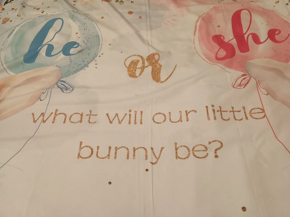 Telón de fondo de revelación de género para bebés "¿Cuál será nuestro conejito?" 🩵🩷 60"X 82" Foto 4 de 4