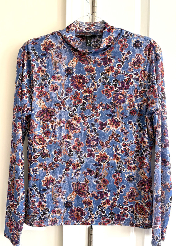 Aqua Bloomingdale's Blue Floral Mesh Knit Mock Turtleneck Long Sleeve Top - SZ L
