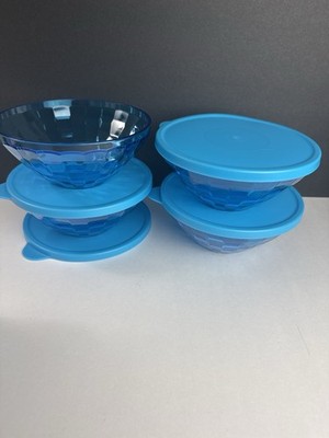 Tupperware Ice Prism Blue Salad Bowls Set Of 4 500mL Acrylic Matching Seals