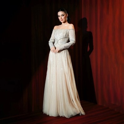 Luxury Beige Arabic Evening Dress A-Line 2026 Tulle Lace Wedding Party ball Gown