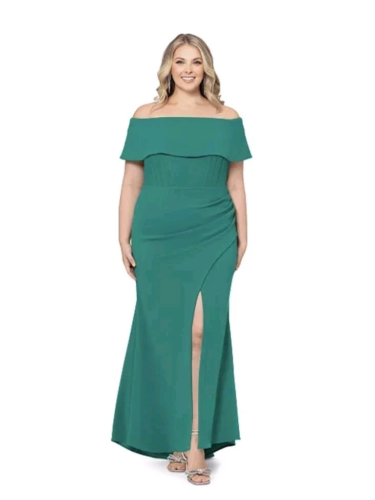 slim fit dress slacks Betsy & Adam Plus Size Off-the-Shoulder Scuba Gown MSRP $269 – DGFOutlet main image 0