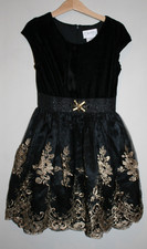 Girls Formal Party Dress Black Gold Embroidery Fit Flare Velvet Top Cap Sleeve 8