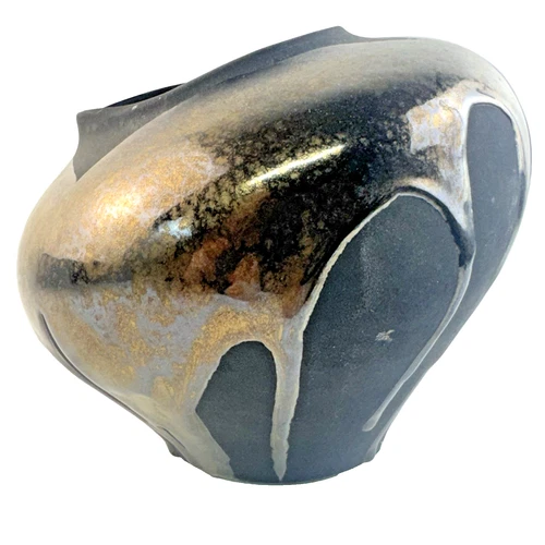 Vintage Haeger Raku Vase Black Lava Bronze Drip Glaze Studio Art Pottery 8”