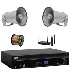 Pyle 5.2 Channel Audio Receiver, 2x 8.1'' 50W Max Gray PA Horn Speakers Mic