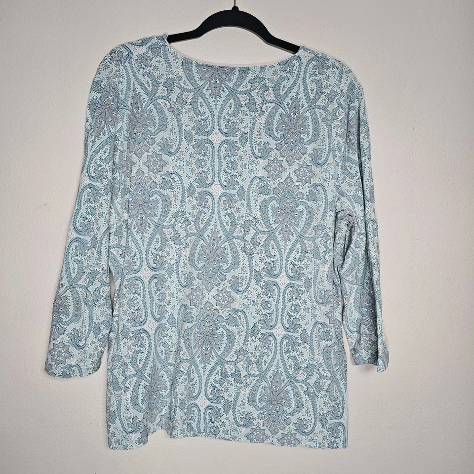 Top Talbots Mujer 2X Azul Paisley Floral Cuello en V Lateral Acanalado Manga 3/4 Foto 2 de 4