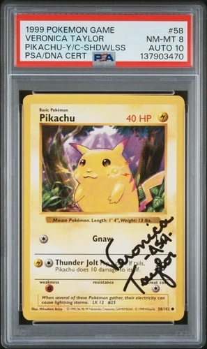 1999 POKEMON BASE YELLOW CHEEKS-SHADOWLESS V.TAYLOR SIGNED PIKACHU PSA 8 AUTO 10