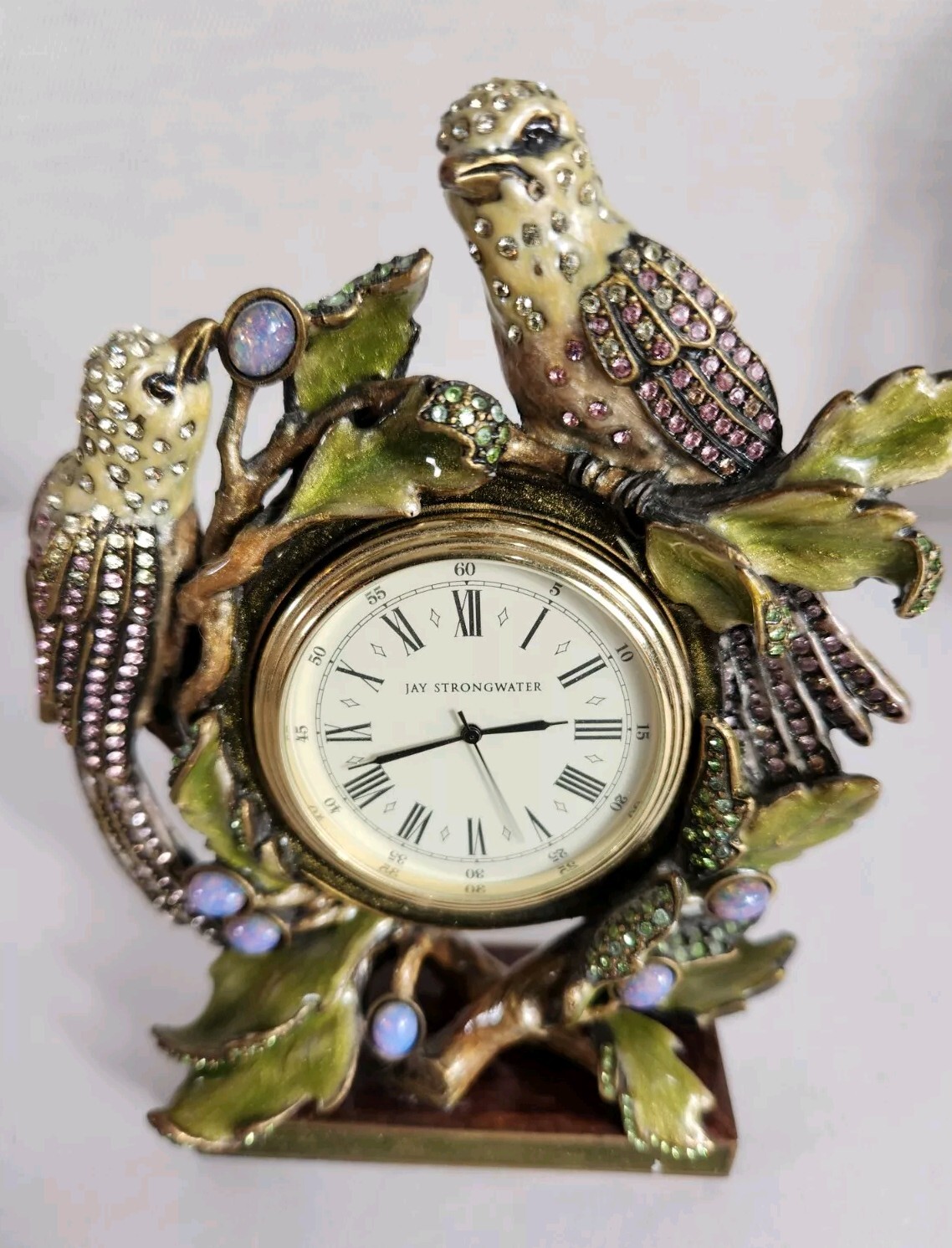 Jay Strongwater Bird Metal Clock Swarovski Crystals Manmade Opals 5"x4.25" Read