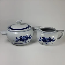 ARABIA Blue Rose Oval Sugar Bowl w/Handles and Creamer Flower Rings Hand Painted