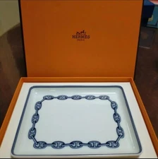HERMES CHAINE D'ANCRE PARIS Porcelain Change Tray Plate 16 x 12 cm BLUE