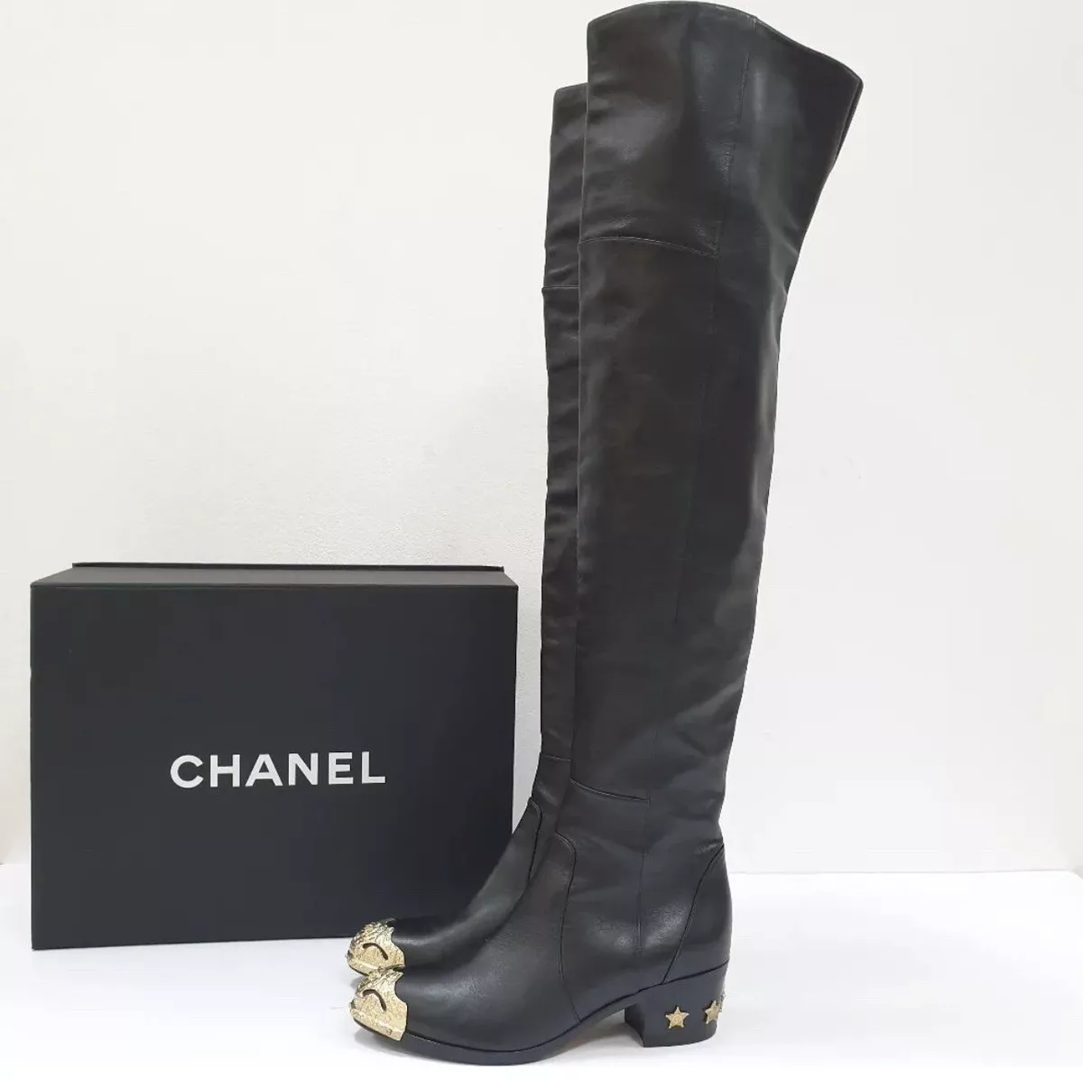 Chanel Black Leather Paris Dallas Metal Cap Toe Thigh High Boots